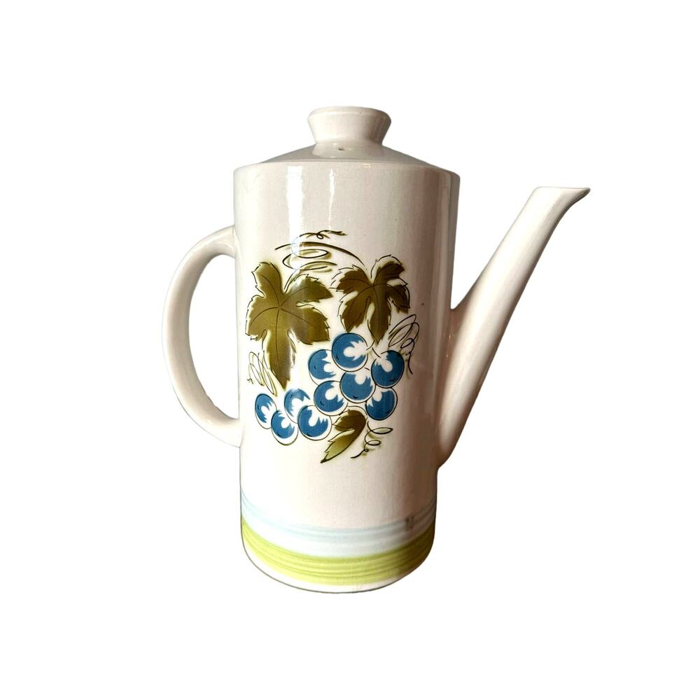 Vintage 1968 Blue Grapes Tea Coffee Pot by Harmony House made in Japan Ironstone